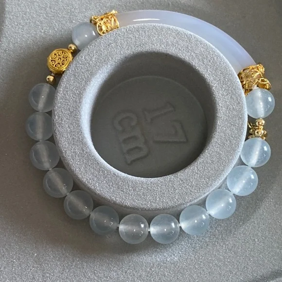 Natural White Agate & Aquamarine Half Bangle Bracelet - Handcrafted Artisan - Picture 7 of 8